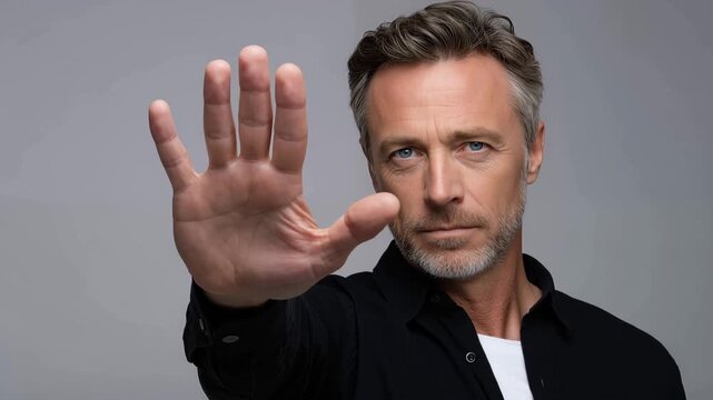 Serious man extending hand to stop making refusal gesture on gray studio background