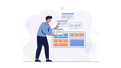 Fototapeta premium Man arranging digital interface elements for website or app design, UIUX concept