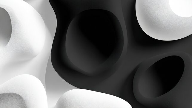 Dynamic black and white abstract background with 3D organic wavy shapes. Modern monochrome fluid texture with depth and shadow.