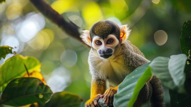 A small monkey, with distinctive features, perched amongst lush green foliage