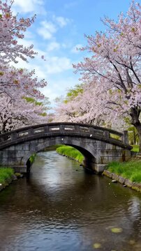 Cherry blossom trees bloom over a stone bridge in a park near a river during spring afternoon hours