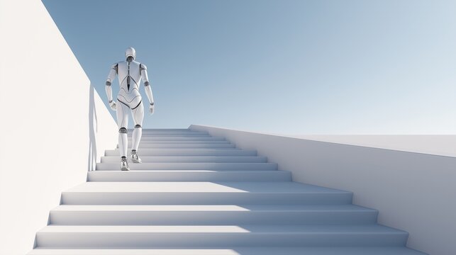 Humanoid Robot Facing Stairway of Light for AI Transformation and Growth