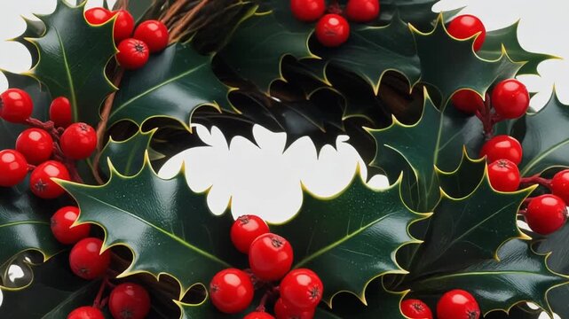 Christmas holly leaves with red berries on white background for holiday greeting card or festive decoration
