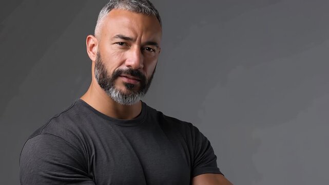 Skeptical man crossing arms and looking with distrust on gray studio background