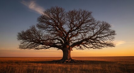 Majestic tree silhouette against a sunset sky over a vast empty field
