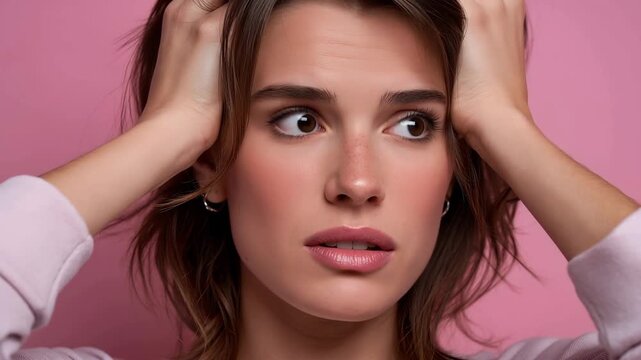 Confused woman holding head and looking around searching for support on pink studio background