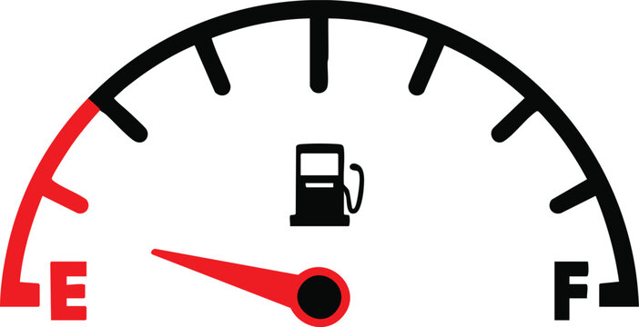 Fuel gauge indicator showing empty tank concept of low fuel or running out of gas isolated on white background