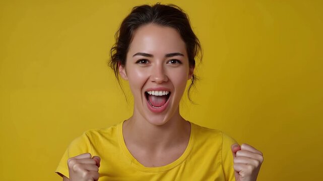 Excited woman clenching fists in victory celebrating success on yellow studio background