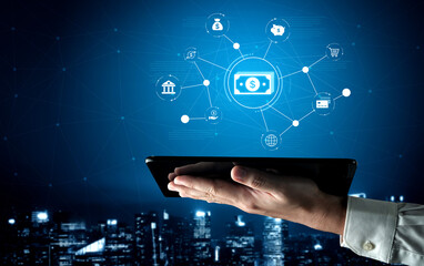 A fintech concept showing a network of digital banking services. This includes secure online...