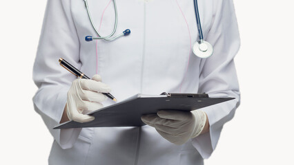 Doctor in white coat with stethoscope and folder for notes and patient records and good test results on white isolated background, copy space, health