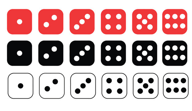 Casino dice icon collection, red, black, white dice, one to six dot faces, game dice symbols, vector illustration bundle.