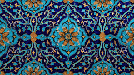Intricate turquoise and orange floral mandala pattern seamless background with elegant arabesque design elements
