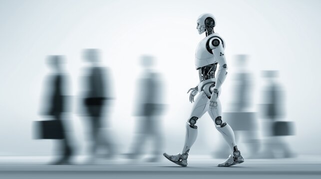 AI automation in modern workplace with humanoid robots and business people