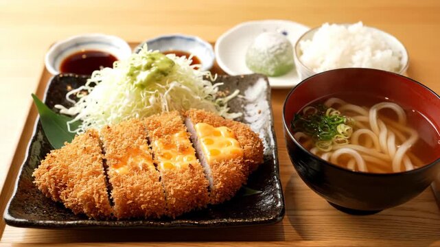 A delicious Japanese set meal, including a cutlet with cheese, noodles, rice, and sides