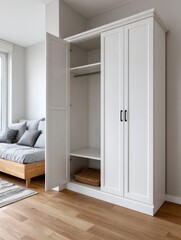 Fototapeta premium Minimalist white wardrobe with open doors in modern bedroom