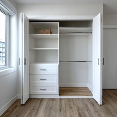 Fototapeta premium Minimalist empty white closet with wooden floor in modern apartment