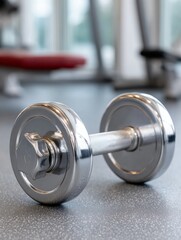 Metal dumbbell in modern gym setting with blurred background
