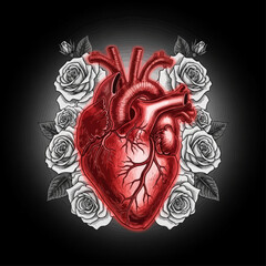 Anatomical Heart with White Roses &ndash; Gothic Chalk Illustration Art