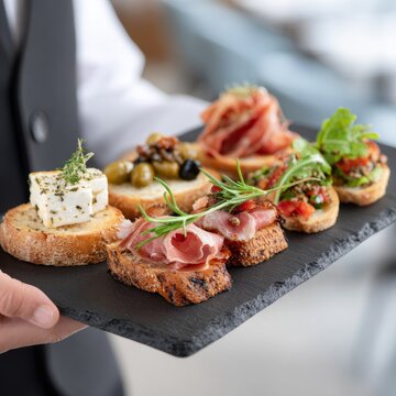 Gourmet appetizers on slate platter served by waiter in elegant restaurant