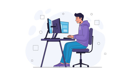 Fototapeta premium Young man working at computer, coding, programming, multitasking, flat illustration style