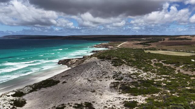 Mary Ellis Wreck Beach, Sleaford, South Australia Coastline &ndash; 4K Aerial Drone Footage of Turquoise Ocean, Limestone Cliffs, sand dunes, Lone Pine Lookout, Mere Conservation Park, Eyre Peninsula.
