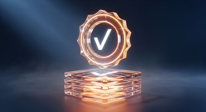 Futuristic Checkmark Badge On Tech Platform Stack