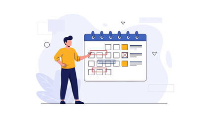 Obraz premium Man planning schedule on calendar, time management concept, flat design