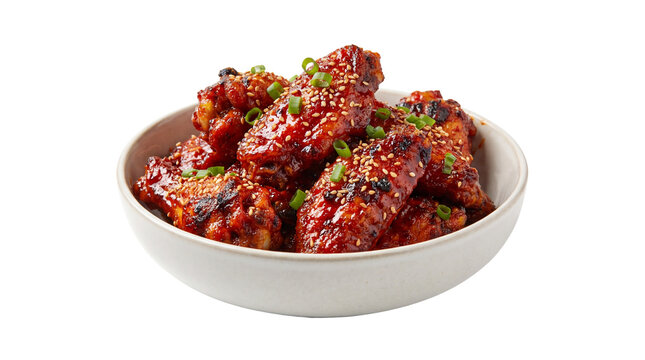 Bowl of crispy glazed Korean fried chicken wings with sesame seeds and chopped green onions isolated PNG with Transparent Background