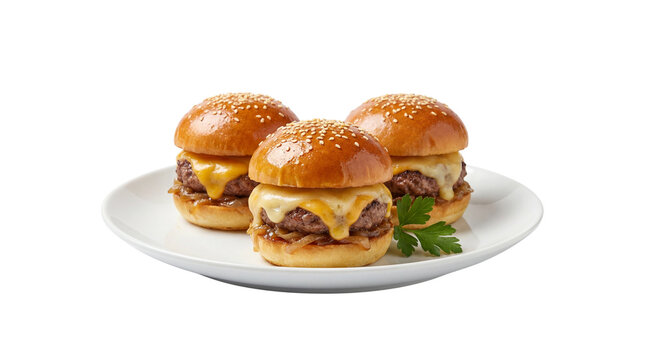 Three mini cheeseburger sliders with sesame seed buns, melted cheddar cheese, beef patties, and a parsley garnish on a white plate isolated PNG with Transparent Background