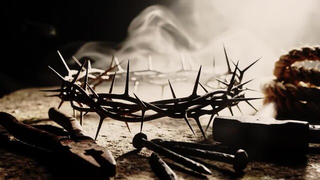 Crown of Thorns Resting With Nails and Hammer in Smoke