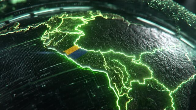 Glowing green map of a landmass, close-up with flag. Digital circuit grid effect