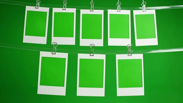 Green screen instant photo frames on a string, customizable content display