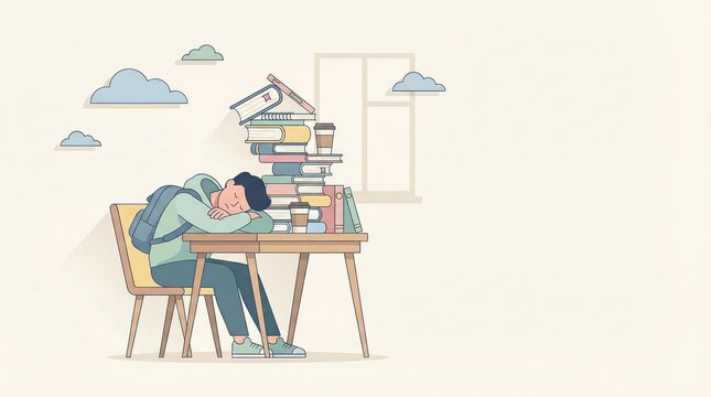 Student experiencing academic burnout and exhaustion, sleeping at a desk with a large stack of books and empty coffee cups, symbolizing overwork and stress during studies