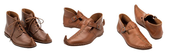 English Medieval Leather Shoes Medieval Shoes England Historical Footwear Isolated on White Background, Handmade Middle Ages Turnshoes Tudor Era Costume Footwear, No Shadow Studio Cutout