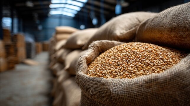 Burlap sacks filled with grain in a warehouse, showcasing texture and volume under natural light, ideal for agricultural and logistics themes.
