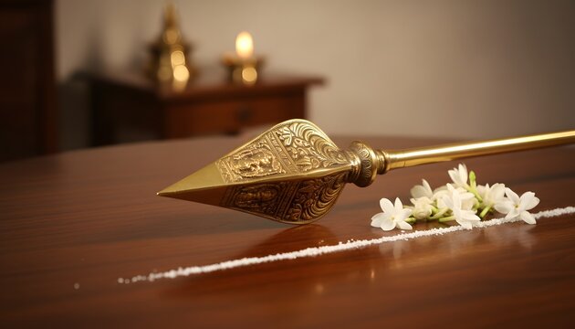 Golden vel spear adorned with jasmine flowers and sacred ash, symbolizing spiritual devotion for Thaipusam festival concept