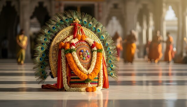 Ornate Kavadi frame for Thaipusam festival concept, adorned with vibrant garlands and peacock feathers in a temple hall, symbolizing spiritual devotion