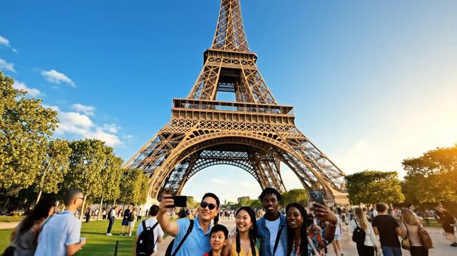 Diverse family taking selfie in front of Eiffel Tower in Paris