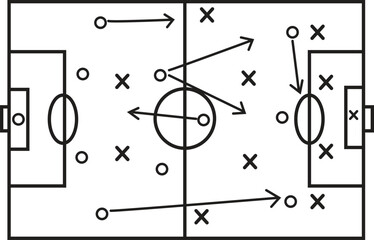 Detailed soccer football game plan with strategic player movements diagram illustration. © Creative_Rasma