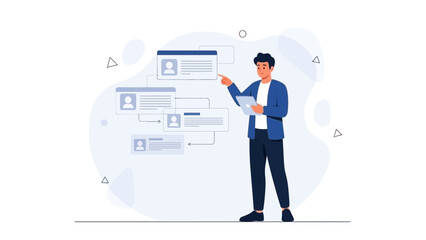 Man presenting workflow, flowchart, and human resources