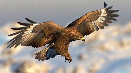 Obraz premium A large bird of prey, wings outstretched, in mid-flight over blurred white and blue terrain