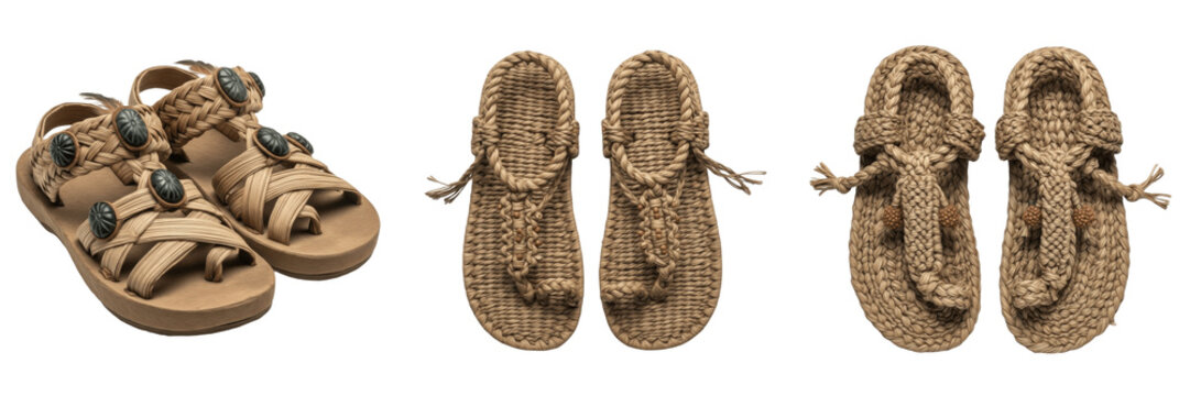 Aztec Ancient Sandals Huaraches Aztecas Historical Mesoamerican Footwear Isolated on White Background, Pre Columbian Leather Strap Shoes from M&eacute;xico, No Shadow Studio Cutout