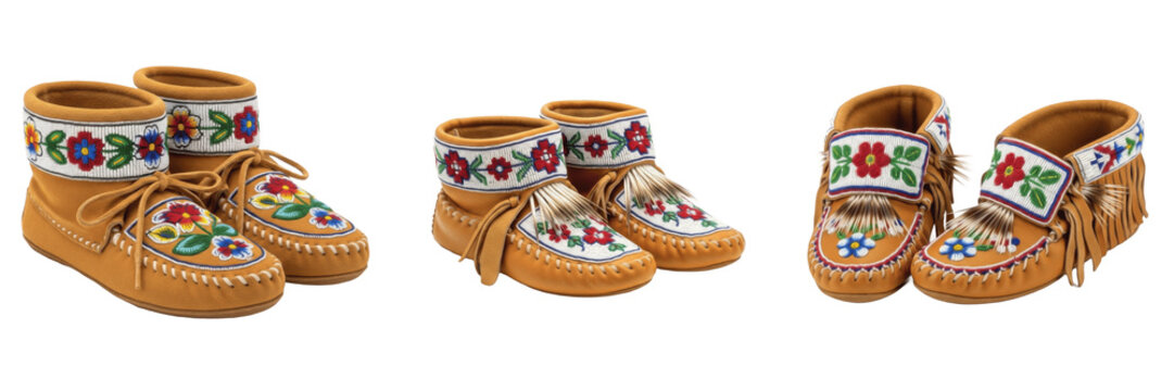 Canadian Indigenous Moccasins Beaded First Nations Traditional Footwear Isolated on White Background, Handmade Leather Tribal Shoes from Canada, No Shadow Studio Image