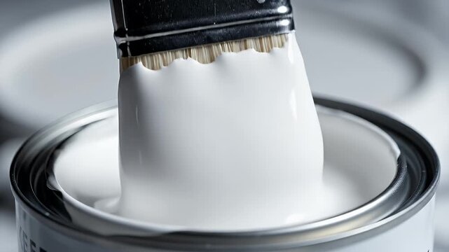 A paintbrush dipped in a can of thick white paint, close-up with light and shadow