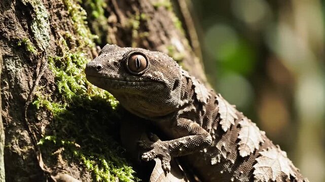 Leaf-tailed gecko perfectly camouflaged on tree trunk in rainforest