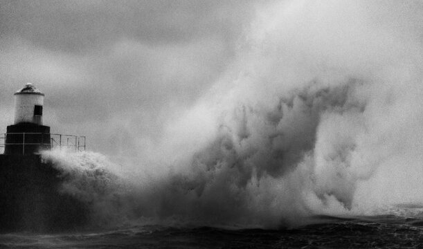 Huge Storm Waves Breaking over Pittenweem Harbour Wall, East Neuk, Fife Scotland