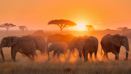 Fototapeta premium Herd of Elephants Walks Across African Savanna at Sunset