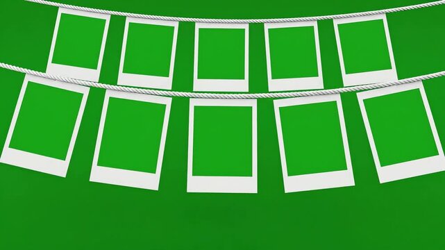 Greenscreen Photo Frames Hanging on Rope with Customizable Blank Spaces on Green Background