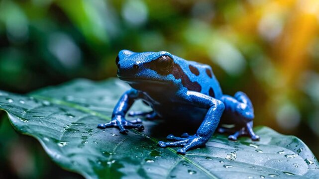 Vibrant blue poison dart frog on wet tropical leaf with sunlight