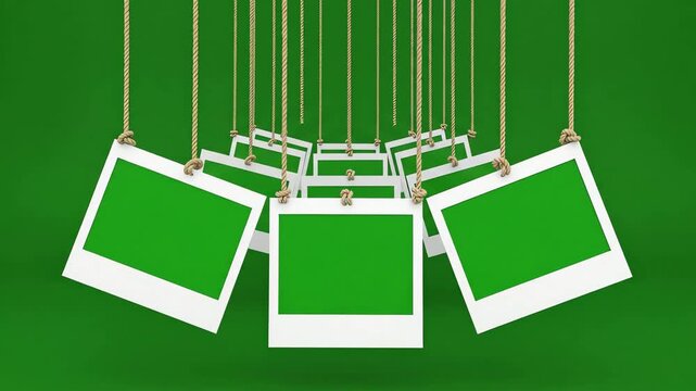 Hanging blank photo frames with green screen placeholders on ropes against a vibrant green background